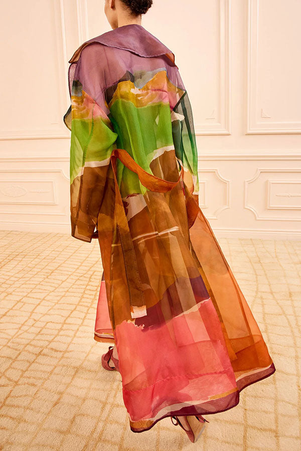 Vibrantly Color Organza Printed Tie-Waist Pocket Lapel Mid-Length Trench Coat