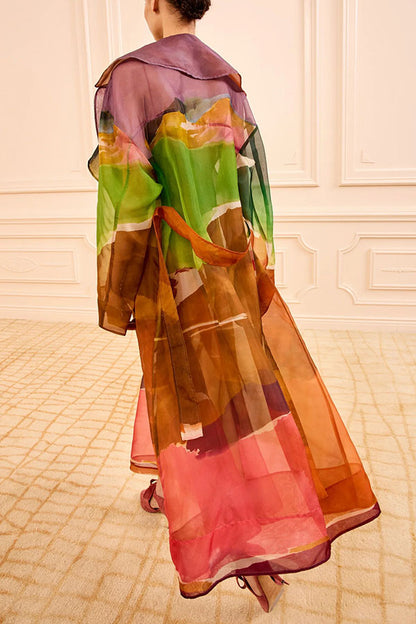 Vibrantly Color Organza Printed Tie-Waist Pocket Lapel Mid-Length Trench Coat