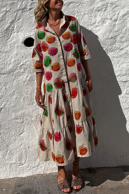 Take Me To Cabo Ethnic Unique Print Button Loose Shirt Midi Dress