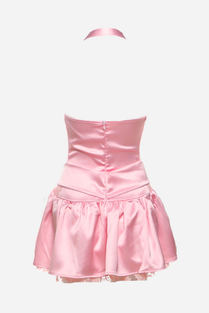 Arlene Halter Neck Ruffle Bowknot Lace Hem Mini Dress