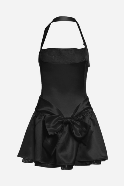 Arlene Halter Neck Ruffle Bowknot Lace Hem Mini Dress