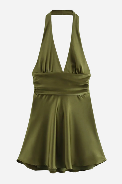 Evelyn Halter Neck Big Bow Tie Satin Mini Dress