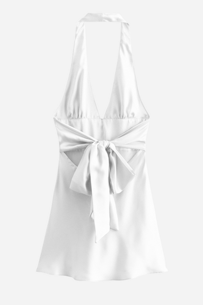 Evelyn Halter Neck Big Bow Tie Satin Mini Dress