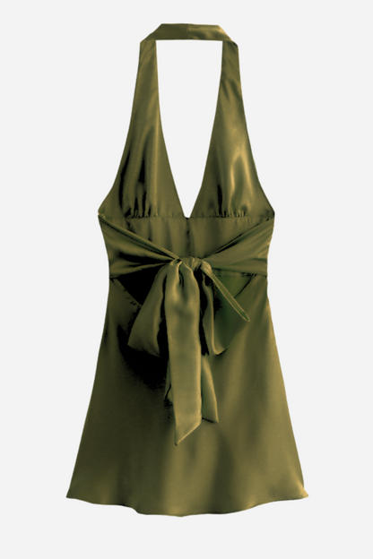 Evelyn Halter Neck Big Bow Tie Satin Mini Dress