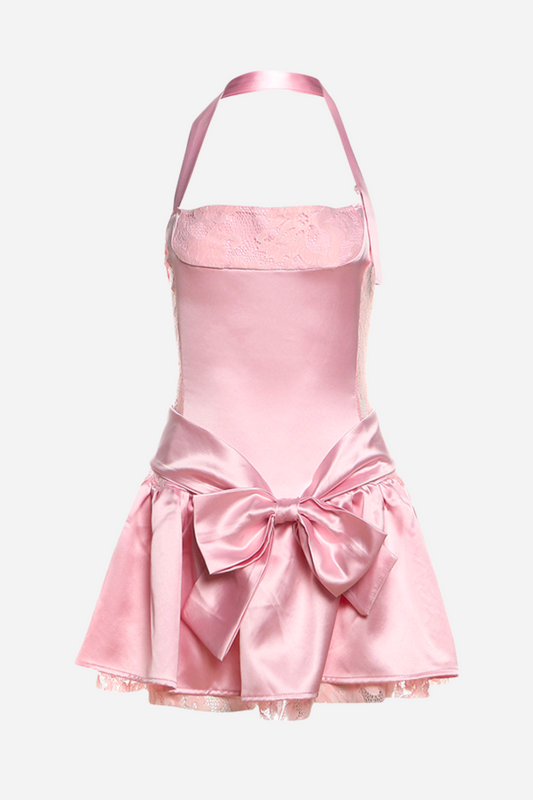 Arlene Halter Neck Ruffle Bowknot Lace Hem Mini Dress