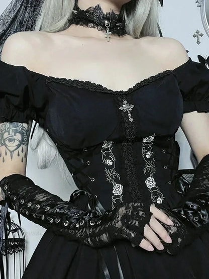 Floral Embroidery Sweetheart Lace Up Corset Puff Sleeve Lace Trim Mini Dress
