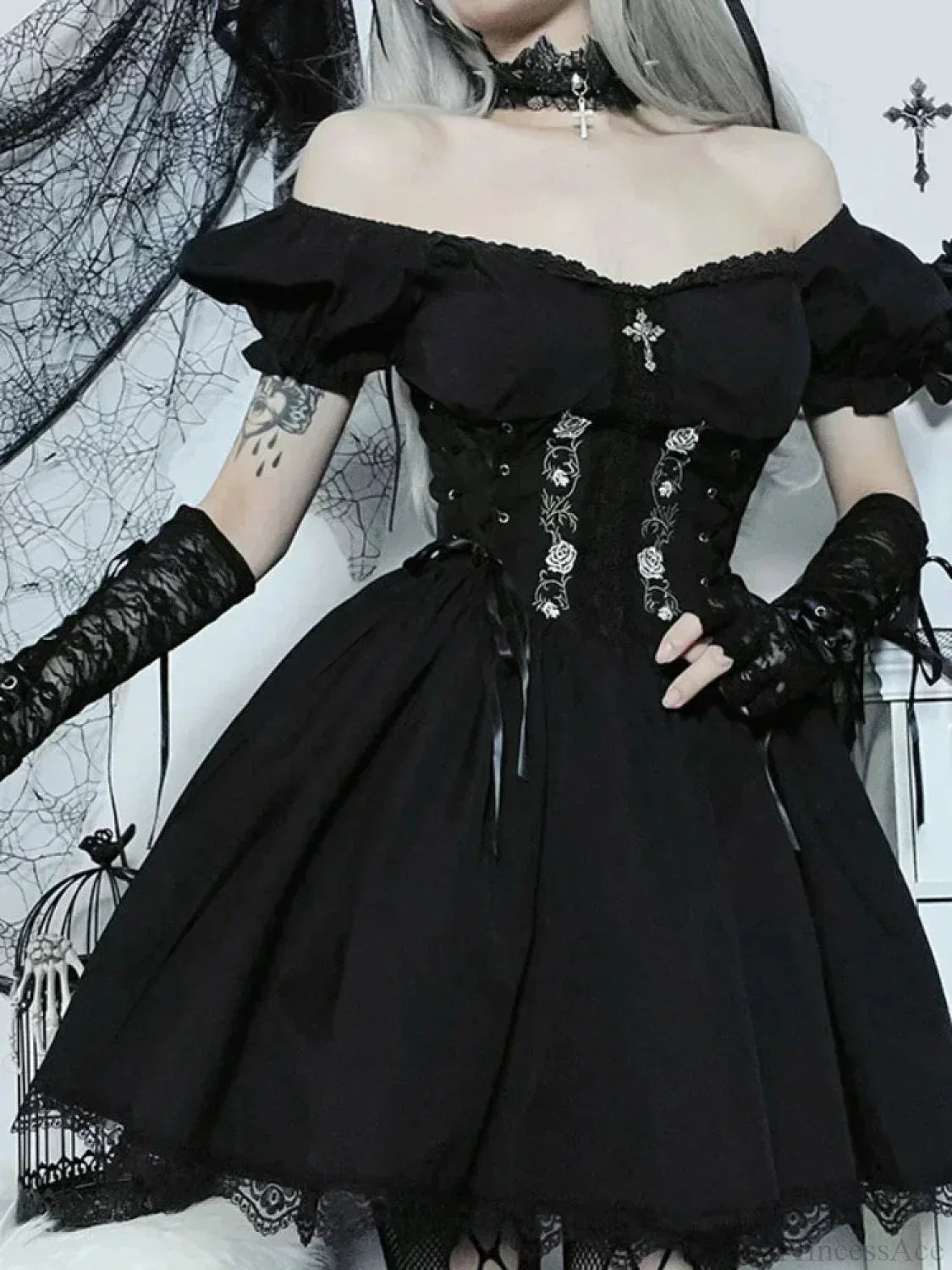 Floral Embroidery Sweetheart Lace Up Corset Puff Sleeve Lace Trim Mini Dress
