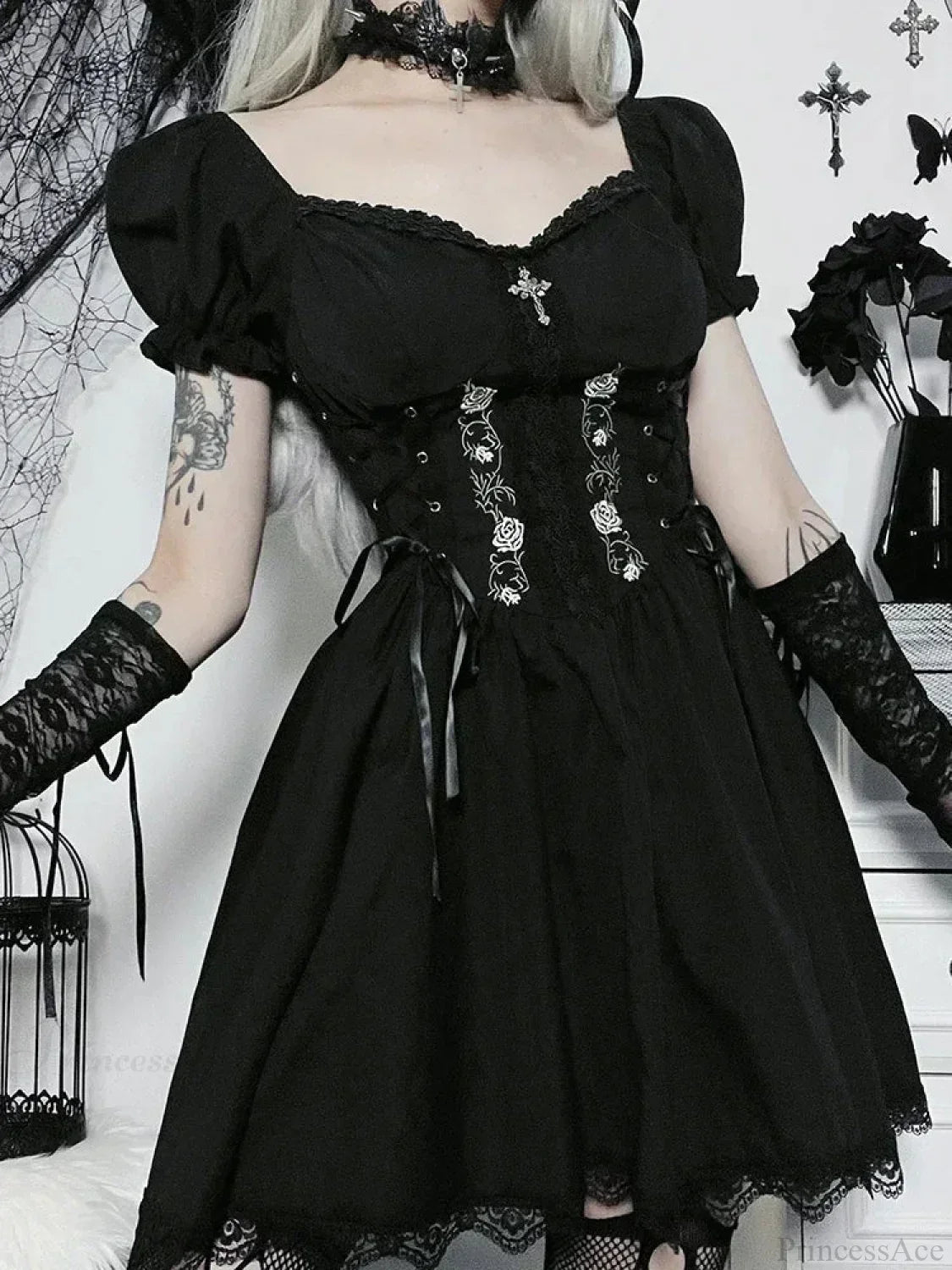 Floral Embroidery Sweetheart Lace Up Corset Puff Sleeve Lace Trim Mini Dress