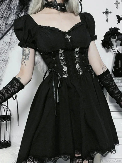 Floral Embroidery Sweetheart Lace Up Corset Puff Sleeve Lace Trim Mini Dress