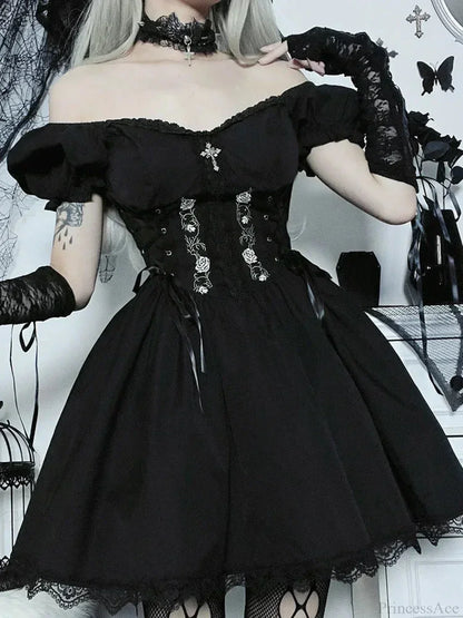 Floral Embroidery Sweetheart Lace Up Corset Puff Sleeve Lace Trim Mini Dress