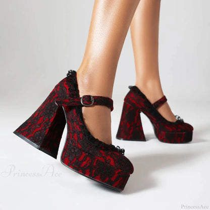 Dark Crimson Tie Up Elevated Gothic Tall Heel