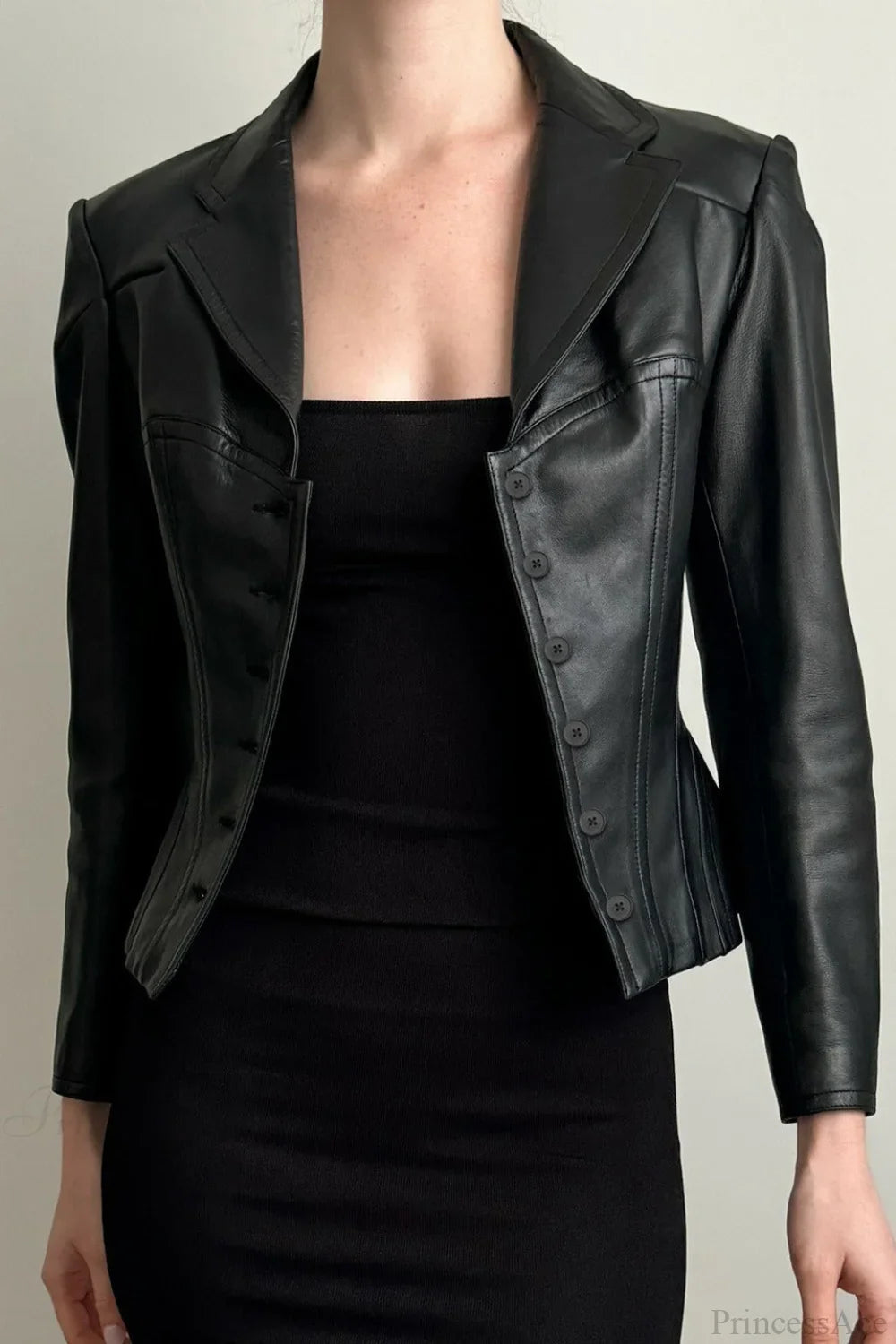 Dark Cropped Notch Collar Leather Slim-Fit Jacket