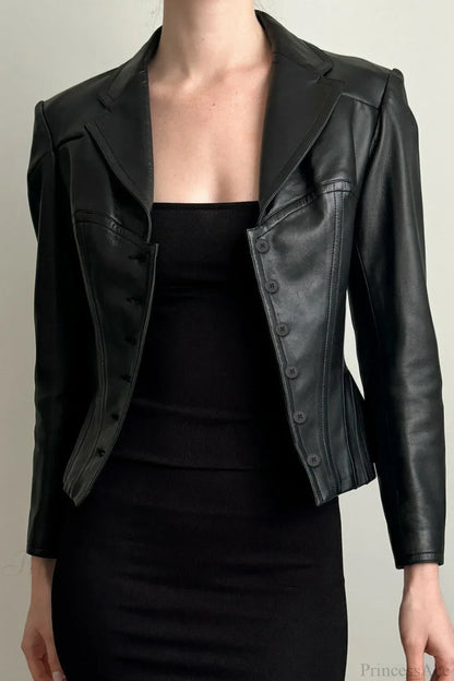 Dark Cropped Notch Collar Leather Slim-Fit Jacket