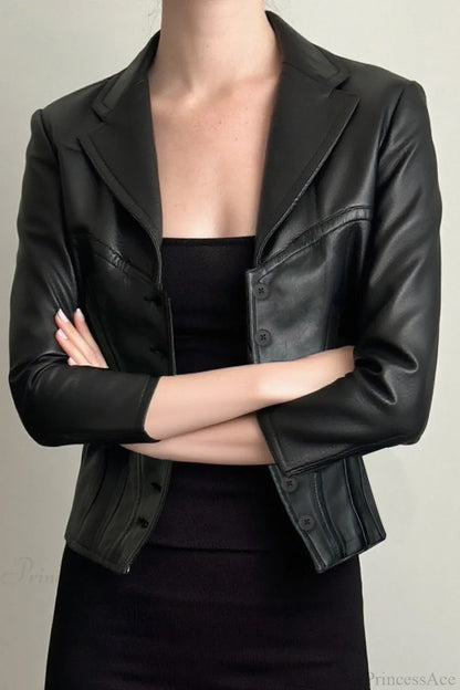 Dark Cropped Notch Collar Leather Slim-Fit Jacket