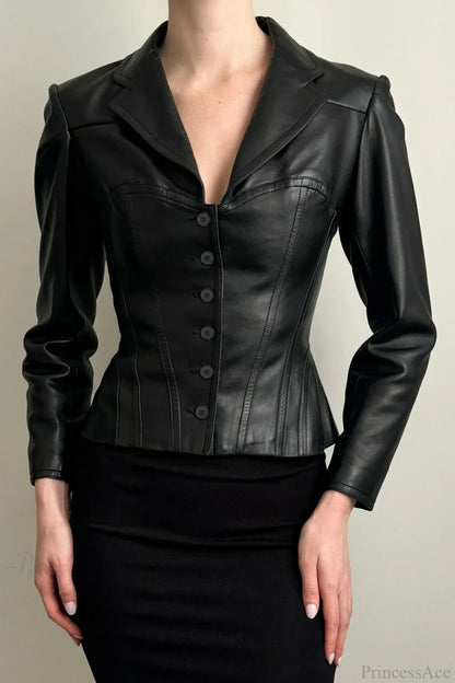 Dark Cropped Notch Collar Leather Slim-Fit Jacket