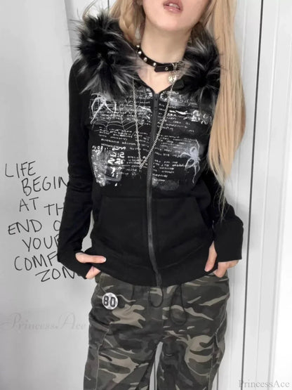 Dark Furry Patchwork Hooded Sweatshirt