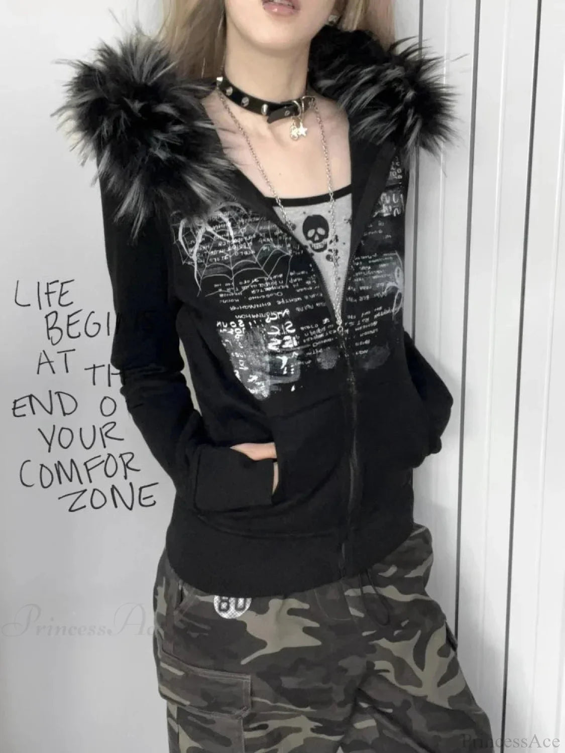 Dark Furry Patchwork Hooded Sweatshirt