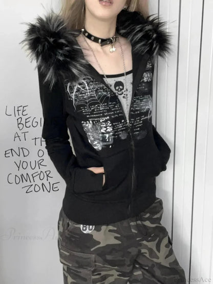 Dark Furry Patchwork Hooded Sweatshirt