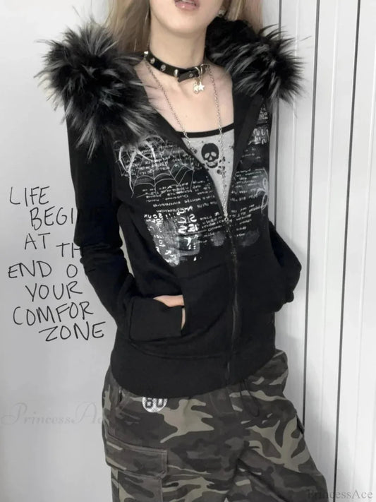 Dark Furry Patchwork Hooded Sweatshirt