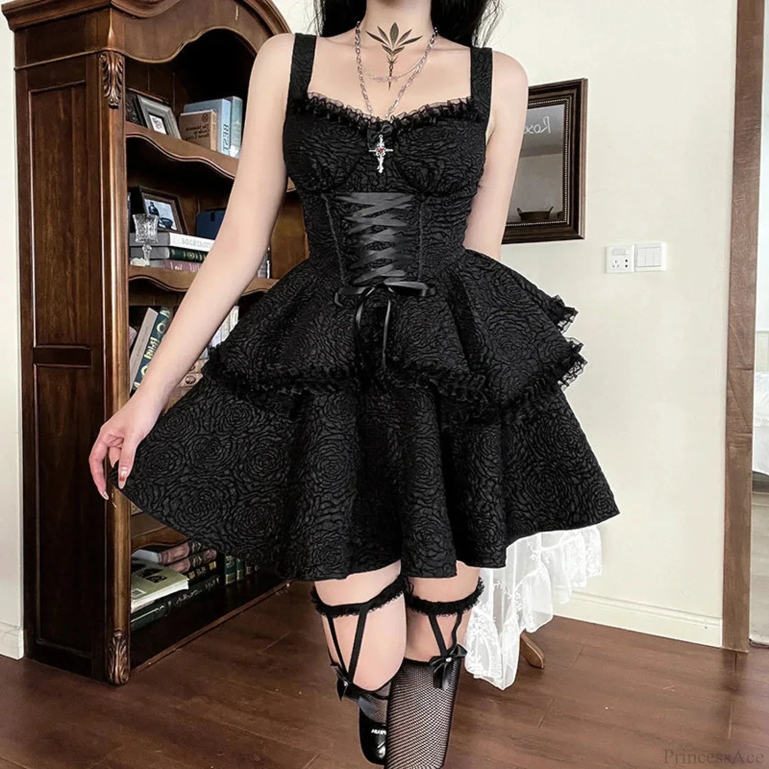 Floral Jacquard Lace-Up Corset Tiered Lace Trim Gothic Mini Dress