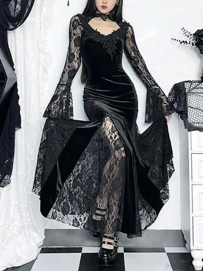 Dark Lace Trumpet Slim Midi Dress