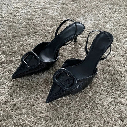 Dark Leather Pointed Toe Mysterious Stiletto