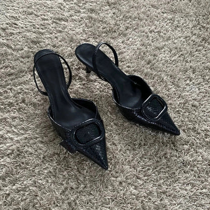 Dark Leather Pointed Toe Mysterious Stiletto