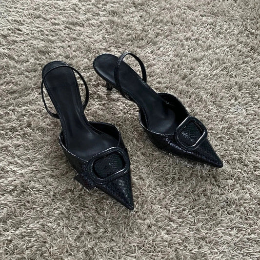 Dark Leather Pointed Toe Mysterious Stiletto