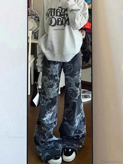 Dark Medieval Dragon Print Loose Trousers