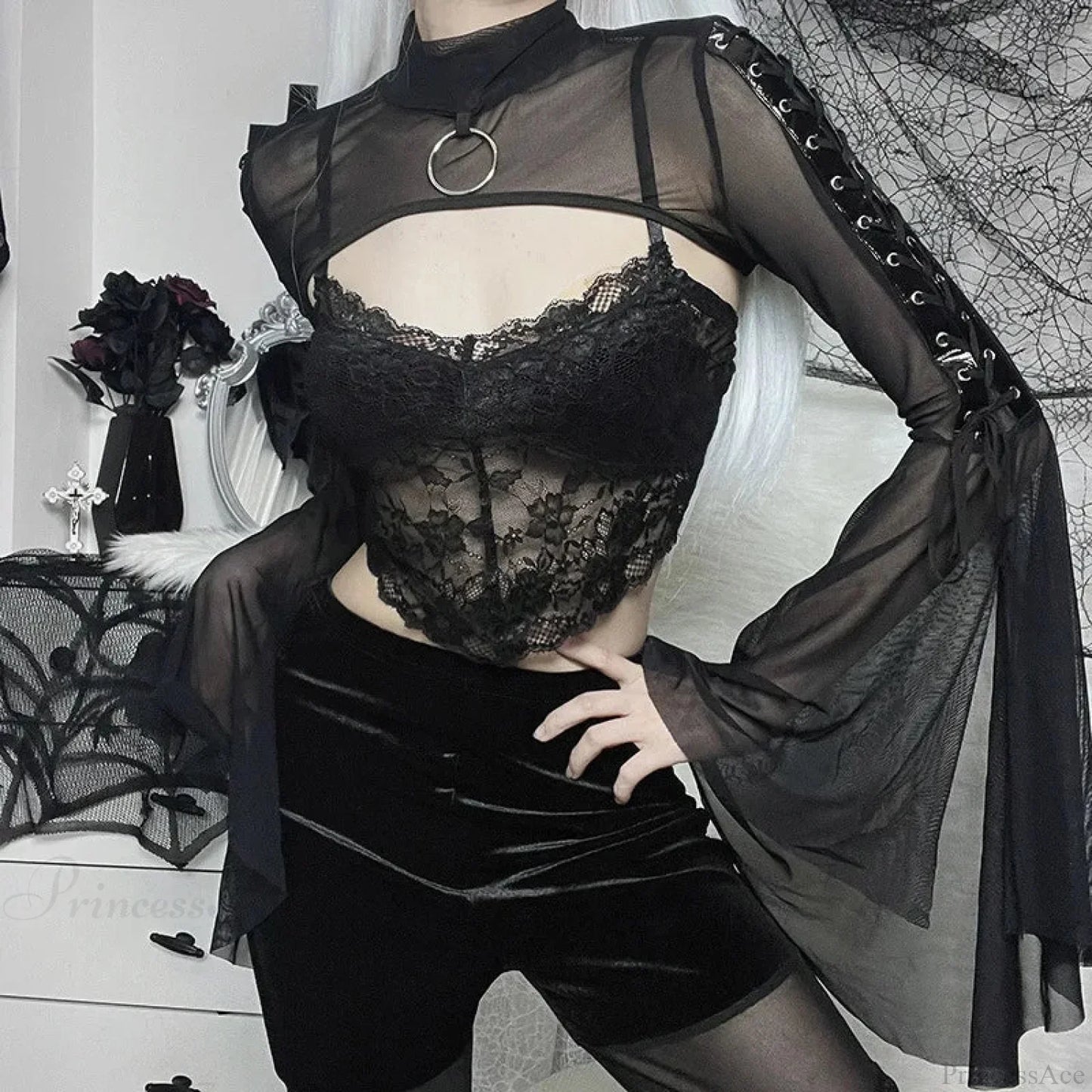 Dark Net Lace Up Flared Shirt