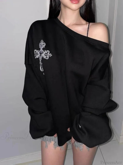 Dark Off Shoulder Pullover Hoodie