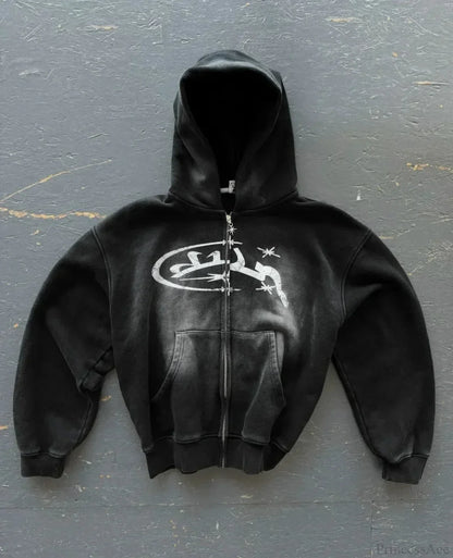 Dark Oversized Design Zip Hoodie