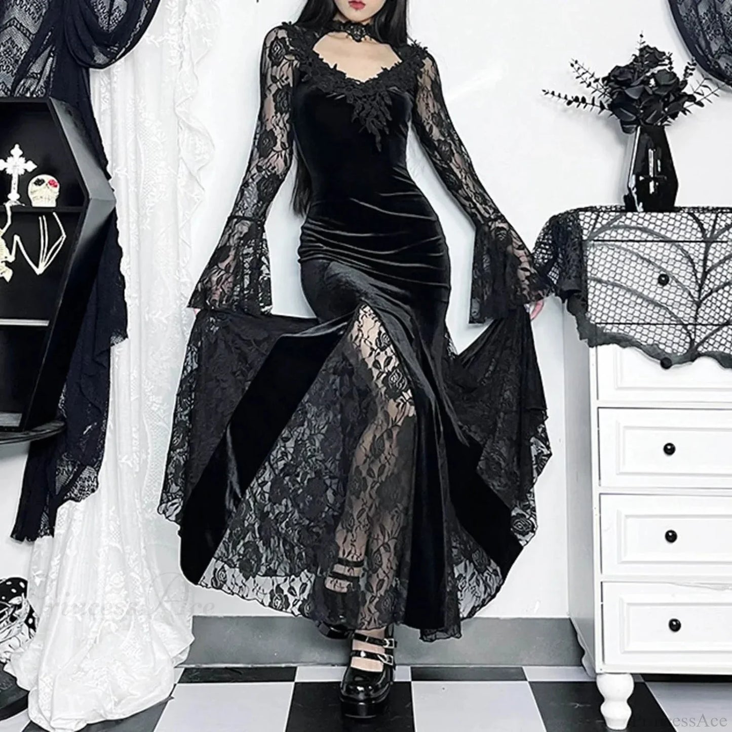 Dark Plaid Elegant Short Long Dress