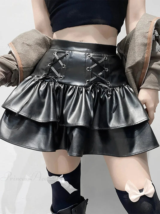 Dark PU Pleated Leather Skirt