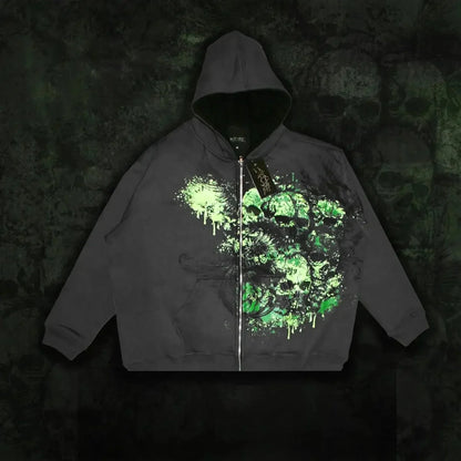 Dark Skull Print Zip Hoodie