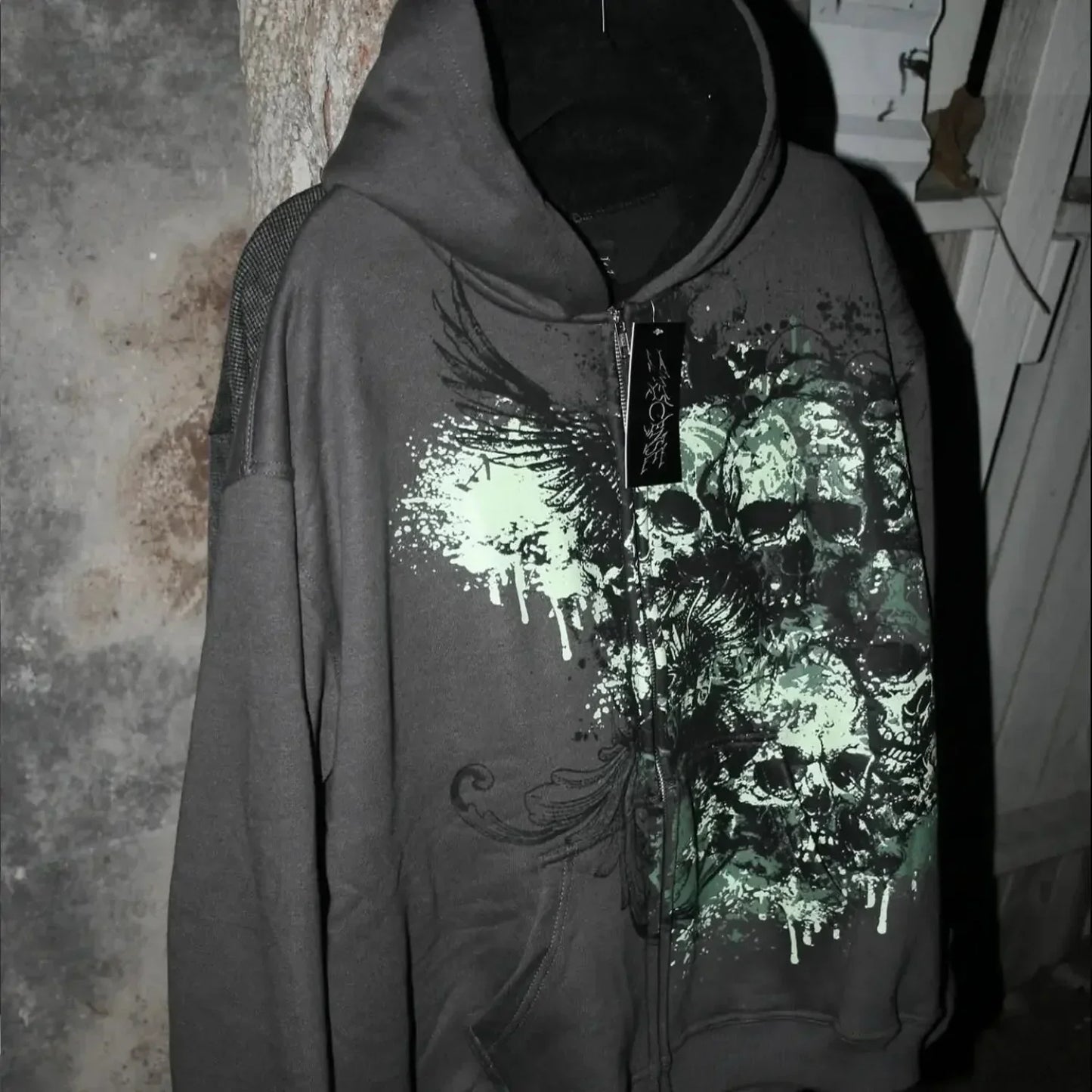 Dark Skull Print Zip Hoodie