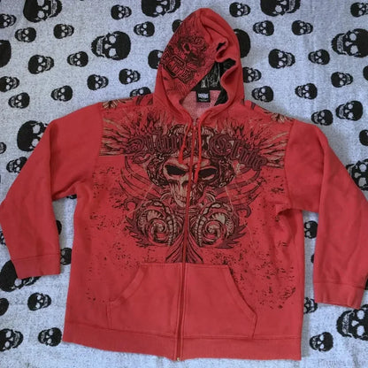 Dark Skull Print Zip Up Hoodie