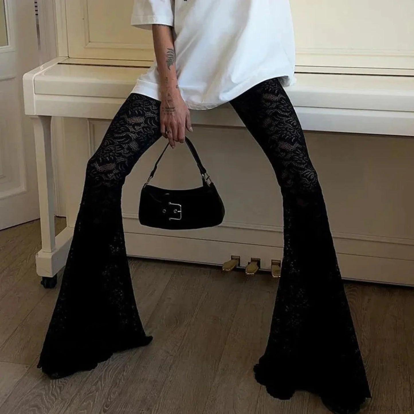 Dark Thin Lace Flared Pant