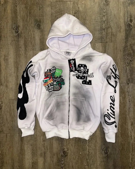 Dark Vintage Letter Fire Zip Hoodie