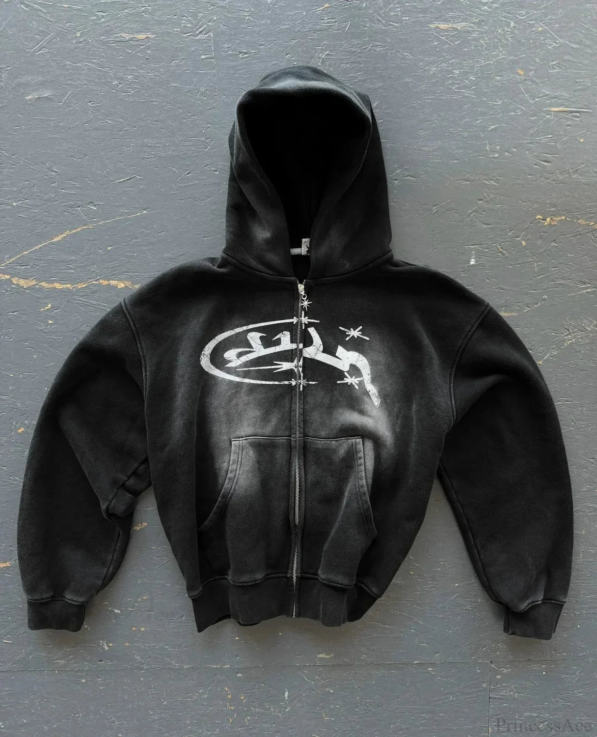 Dark Vintage Print Zip Hoodie