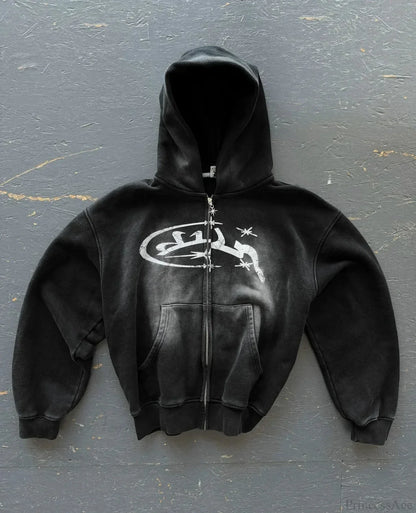 Dark Vintage Print Zip Hoodie