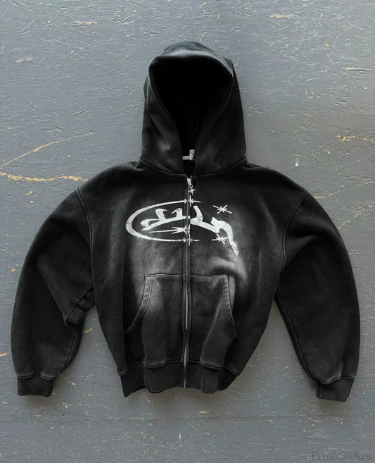 Dark Vintage Print Zip Hoodie