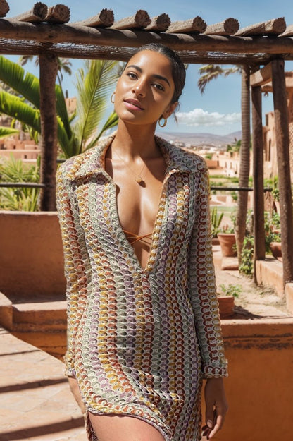 Crochet Collar Deep V-Neck Long Sleeve Open Knit Midi Dress