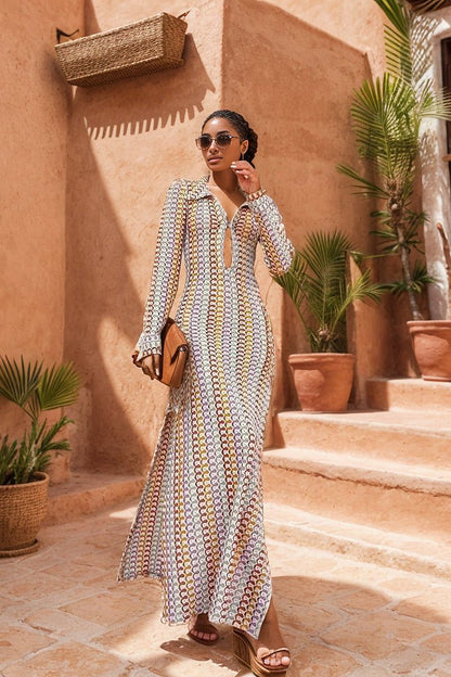 Crochet Collar Deep V-Neck Long Sleeve Open Knit Midi Dress