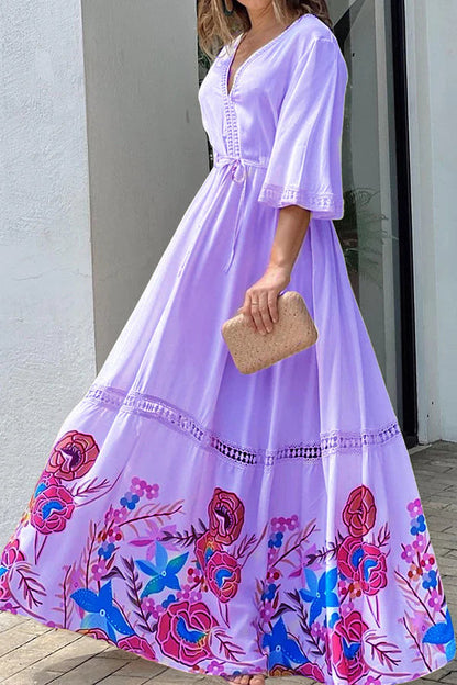 Elegant Unique Printed Lace Patchwork Lace Up Maxi Dress