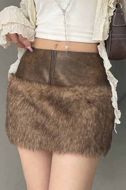 Low-Rise Fuzzy Leather Paneled Mini Skirt