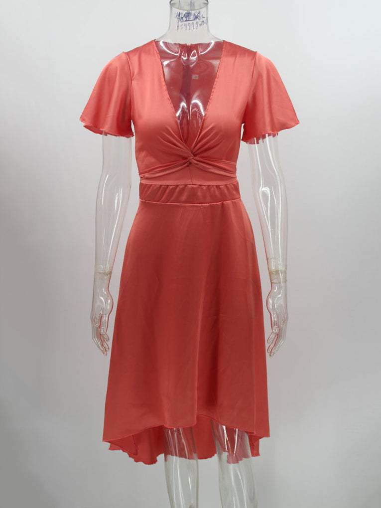 Short Sleeves Midi Dresses V-Neck Knotted High Low Design