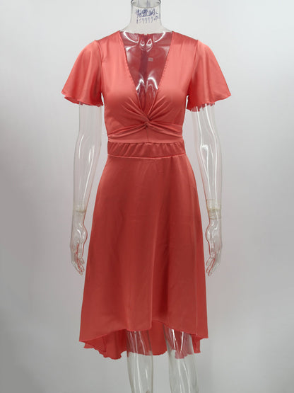 Short Sleeves Midi Dresses V-Neck Knotted High Low Design