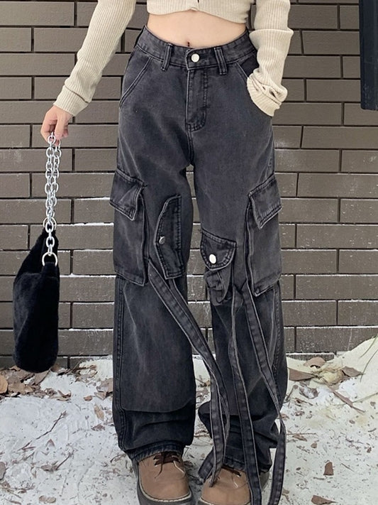 Vintage Wash High Rise Multi Pocket Cargo Jeans