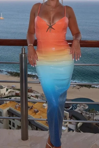 Gradient Sequin Spaghetti Strap Starfish Detail Bodycon Maxi Dress